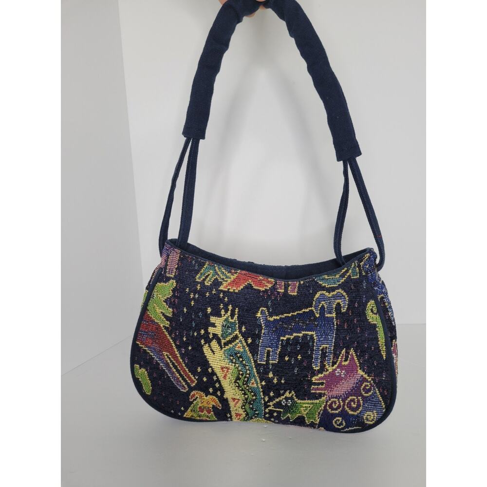 Laurel Burch Colorful Cat & Dog Tapestry Boho Artistic Shoulder Bag Navy - Picture 3 of 9